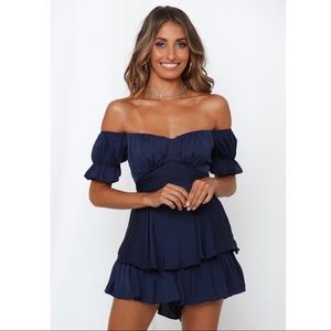 Hello Molly Navy Off-The-Shoulder Romper